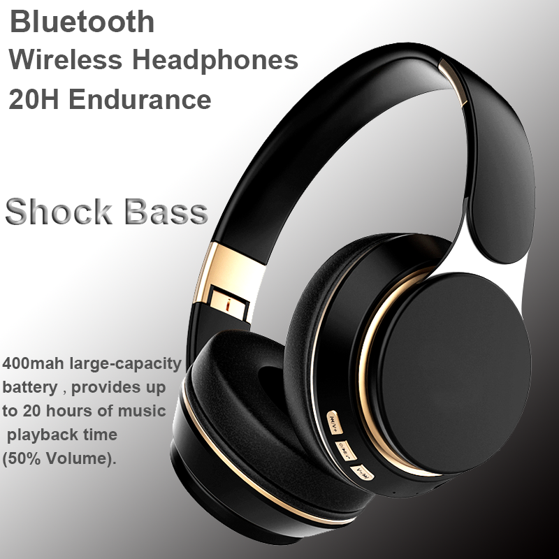 Audio Music Technology - หูฟังชุดหูฟังไร้สายบลูทูธพร้อมไมโครโฟนเพลงสำหรับเล่นเกมหูฟังกีฬาหูฟังเบสที่ยอดเยี่ยมรองรับพับได้ TF SD-Card